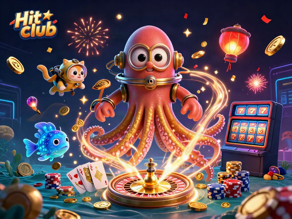 Engage in thrilling gameplay at Hit club with a stunning 3D cartoon scene featuring a kraken and diving cat, lively casino elements.