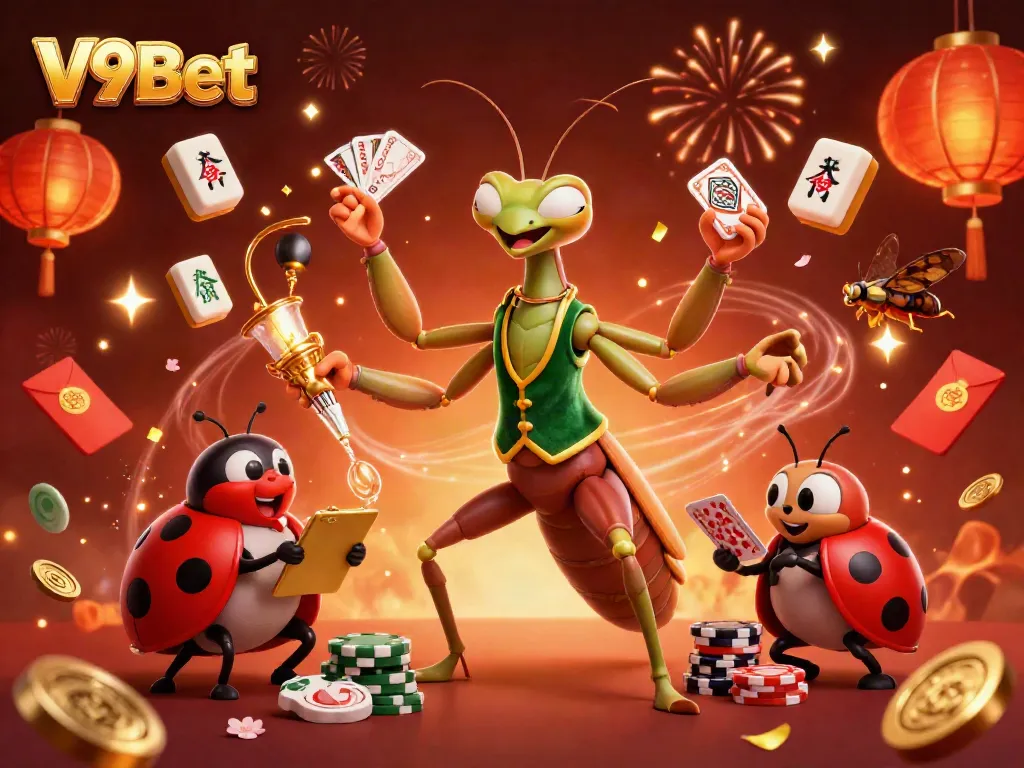 Experience thrilling game dynamics in a vibrant V9Bet casino with animated characters and festive elements.