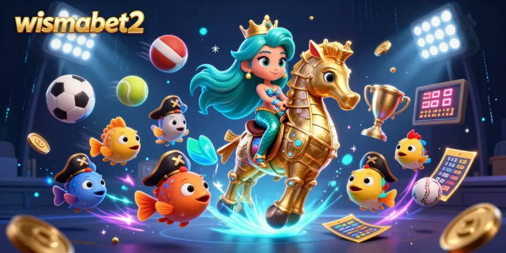 Gambarkan aksi taruhan di wismabet2 dengan putri duyung dan seahorse dalam lingkungan kasino yang meriah.