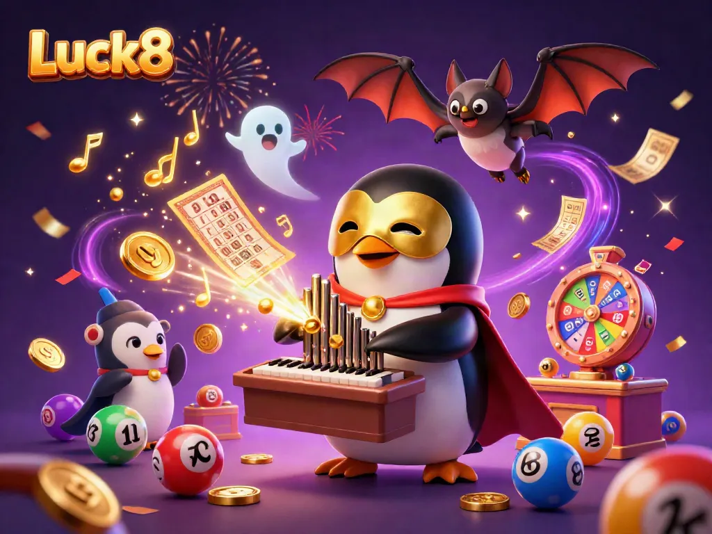Luck8 animated penguin character igniting excitement with golden coins and lottery elements in a casino scene.