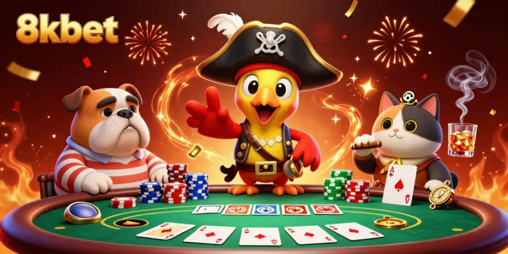 Join the excitement at 8xbet with a vibrant casino scene featuring characters and poker elements.