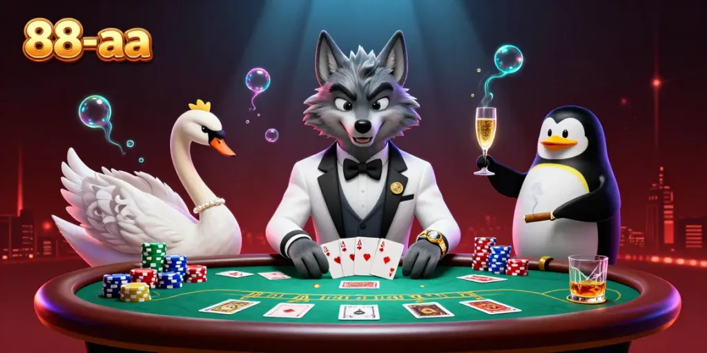 Experience thrilling baccarat with the 88-aa wolf, swan dealer, and penguin sommelier.