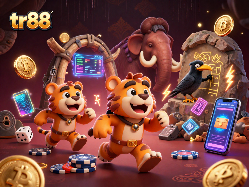 Experience the excitement of the tr88 casino world with vibrant caveman thematics and neon crypto elements.