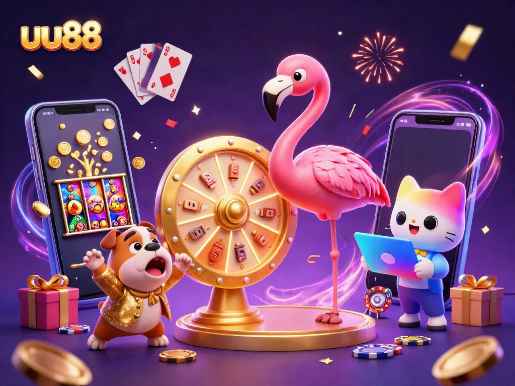 Experience the excitement of uu88 with a vibrant casino scene featuring a game show host, a contestant, and gaming elements.