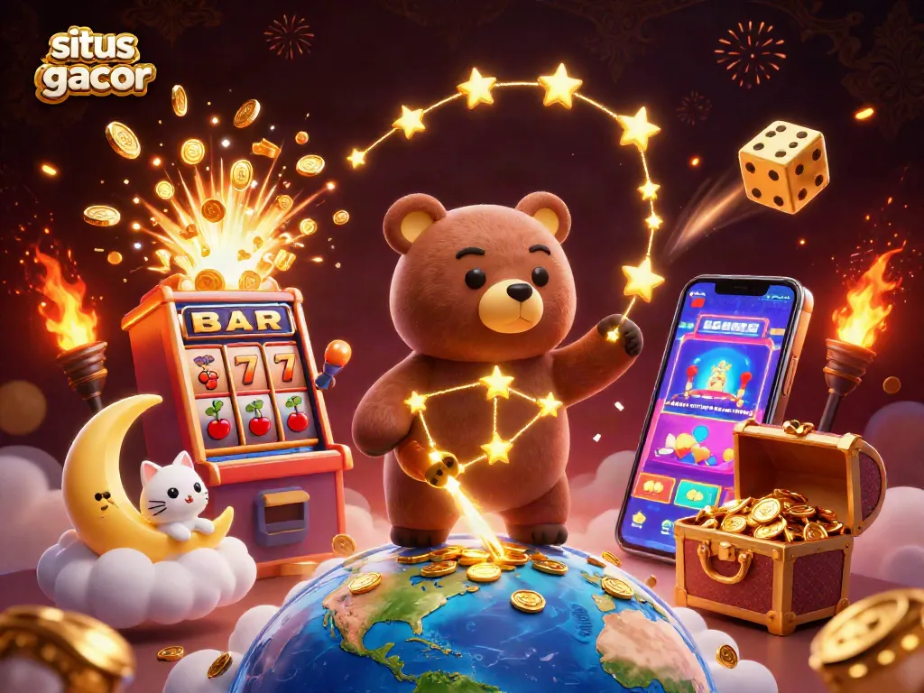 Scooping coins with constellation bear in a vibrant scene, showcasing situs slot gacor and jackpot excitement.