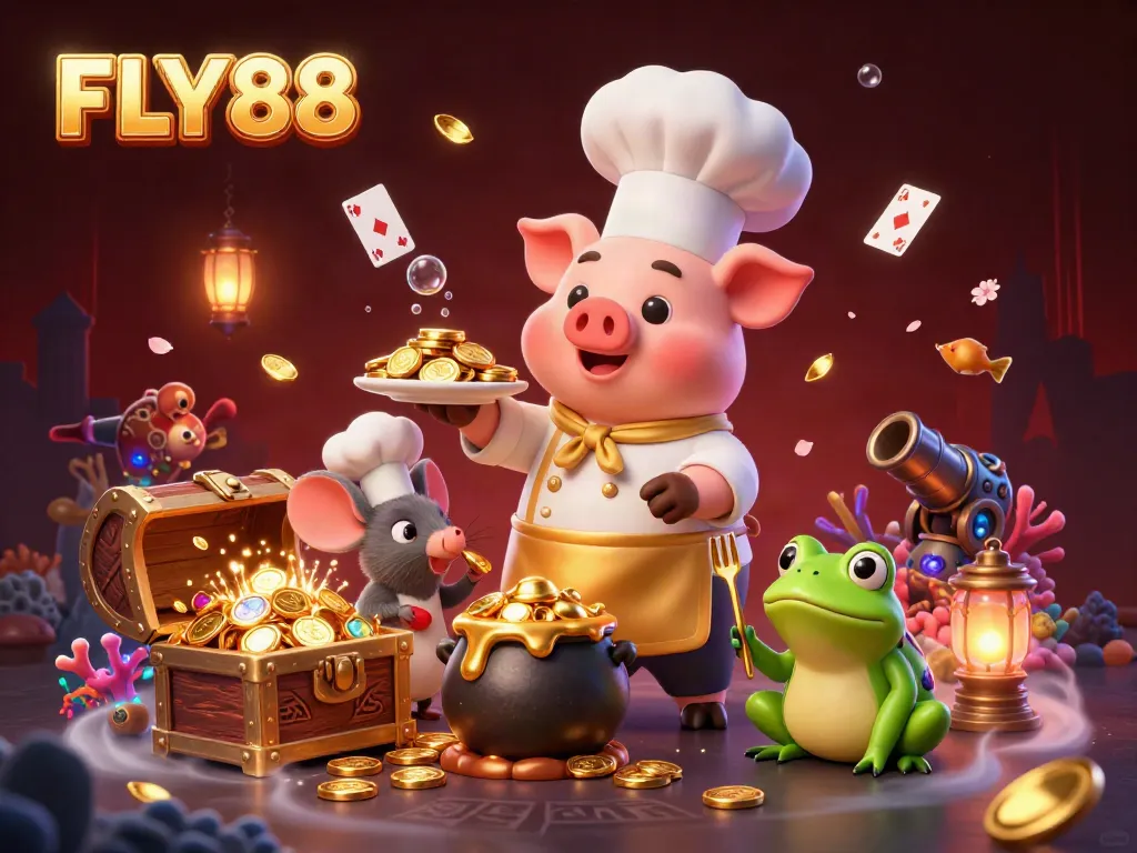 FLY88 casino scene with a chef pig, sous-chef mouse, and critic frog surrounded by golden treasures and betting elements.