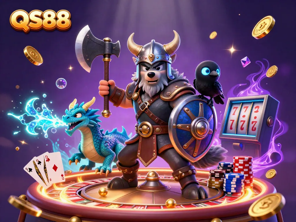 Experience the thrilling world of QS88 with a Viking wolf warrior, fierce dragon, and glowing raven in a vibrant casino scene.