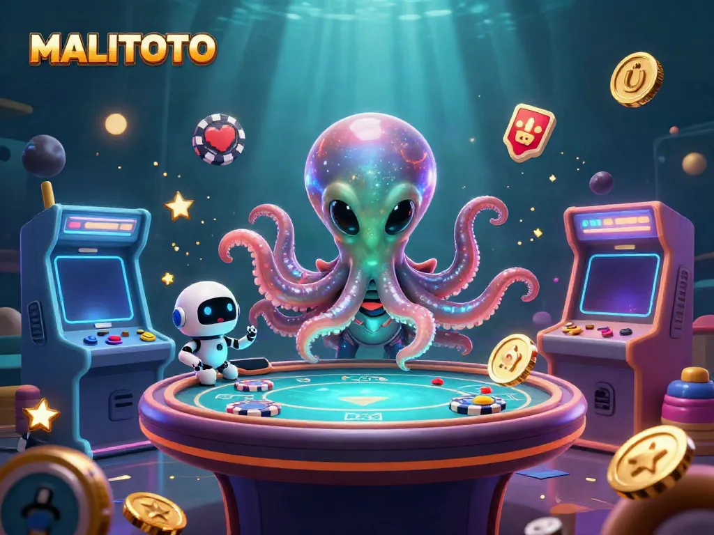 MALITOTO showcases a vibrant casino-themed scene with an alien octopus at a poker table.