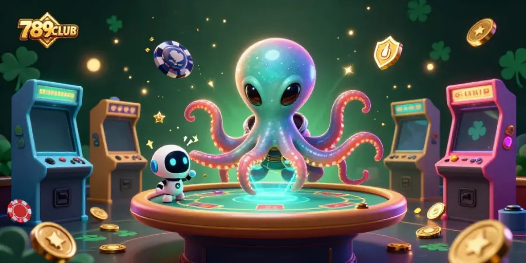Experience the excitement of 789CLUB with a vibrant alien octopus at a holographic poker table.