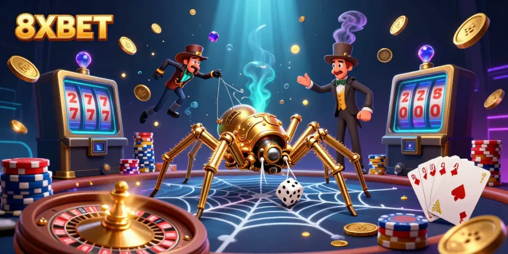 Experience the thrill of 8XBET casino with a vibrant 3D illustration depicting rich gaming elements.
