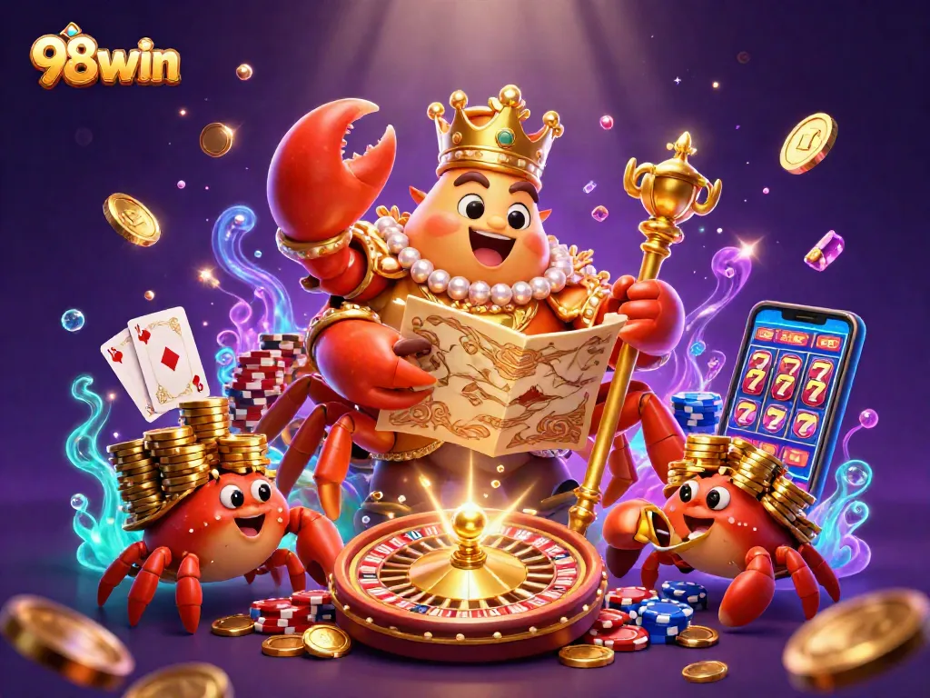 98win showcases a golden crab emperor leading a vibrant casino scene with treasures and games.