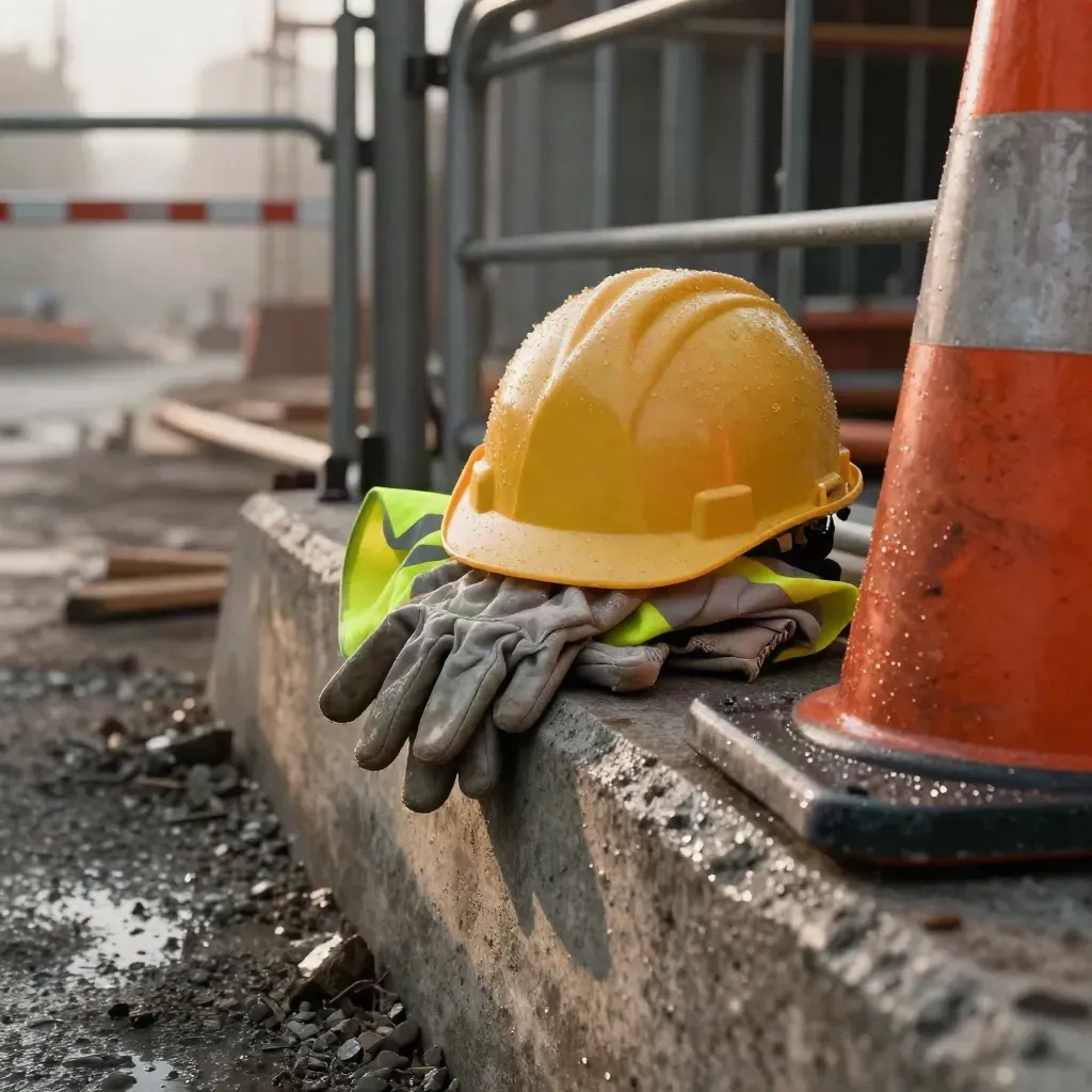 Wilgotny kask, rękawice, kamizelka i pachołek przy betonowej barierze na placu budowy