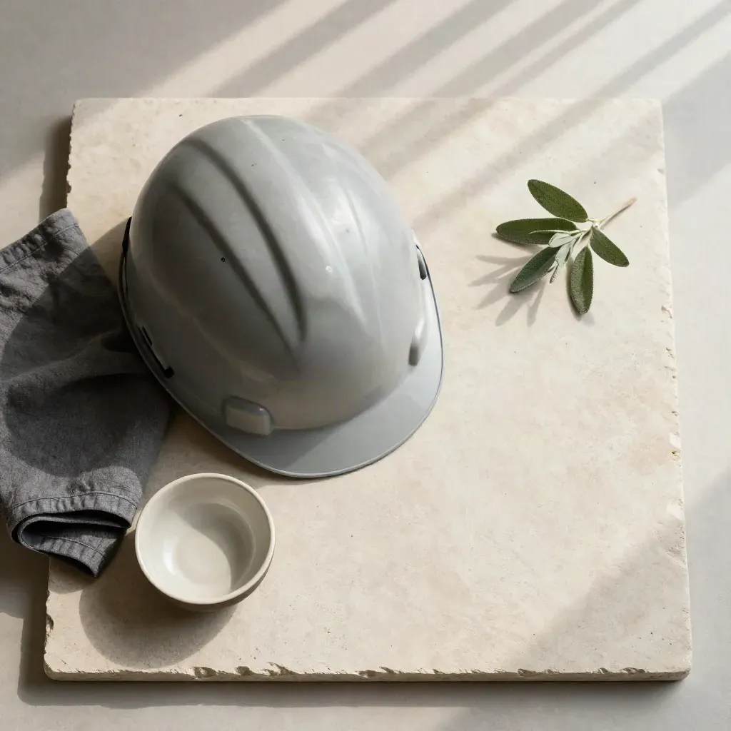 Matowy kask BHP, szara tkanina, miska ceramiczna i mała roślina na jasnym kamieniu.