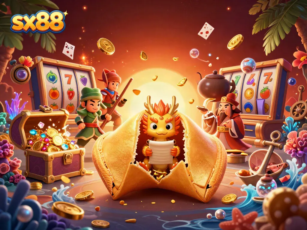 Experience the excitement of sx88 casino gaming with vibrant visuals of golden fortune elements and lively characters.