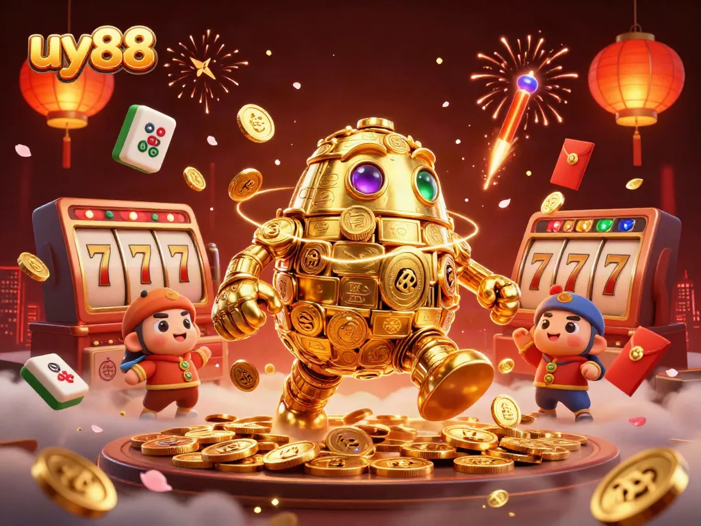 Experience excitement with uy88 as golden golems and casino symbols illuminate the vibrant gambling scene.