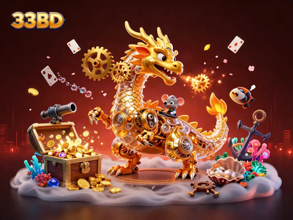 Experience thrilling action at 33BD with a golden dragon and treasure-filled scene in a vibrant online casino