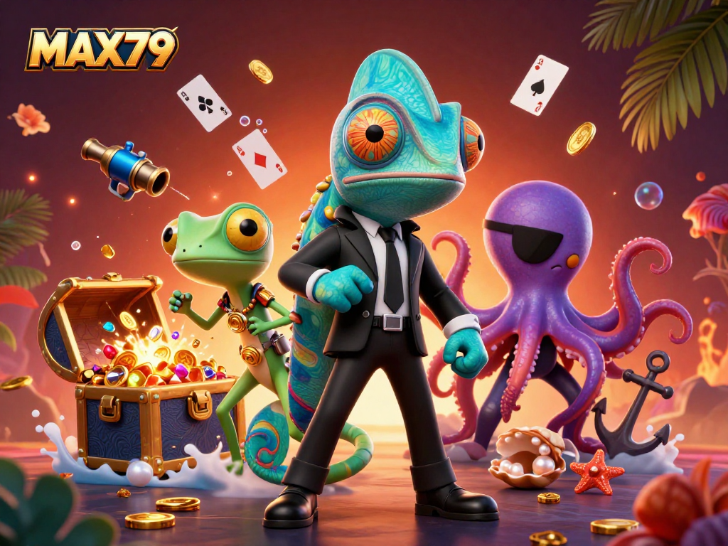 MAX79 showcases a thrilling casino adventure with a chameleon, gecko, and octopus characters in action.