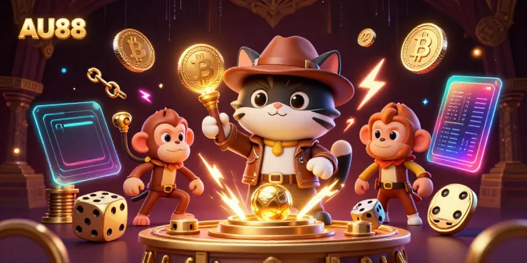 Engage with thrilling casino adventures at AU88 with an archaeologist cat and monkey discovering treasures.