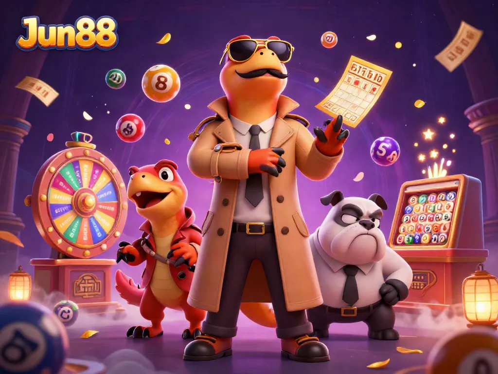 Experience exhilarating moments with Jun88 in a vibrant VIP casino illustration featuring lively characters.
