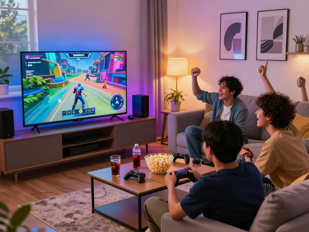 Friends enjoying a lively gaming night on tusuk88 in a cozy living room.
