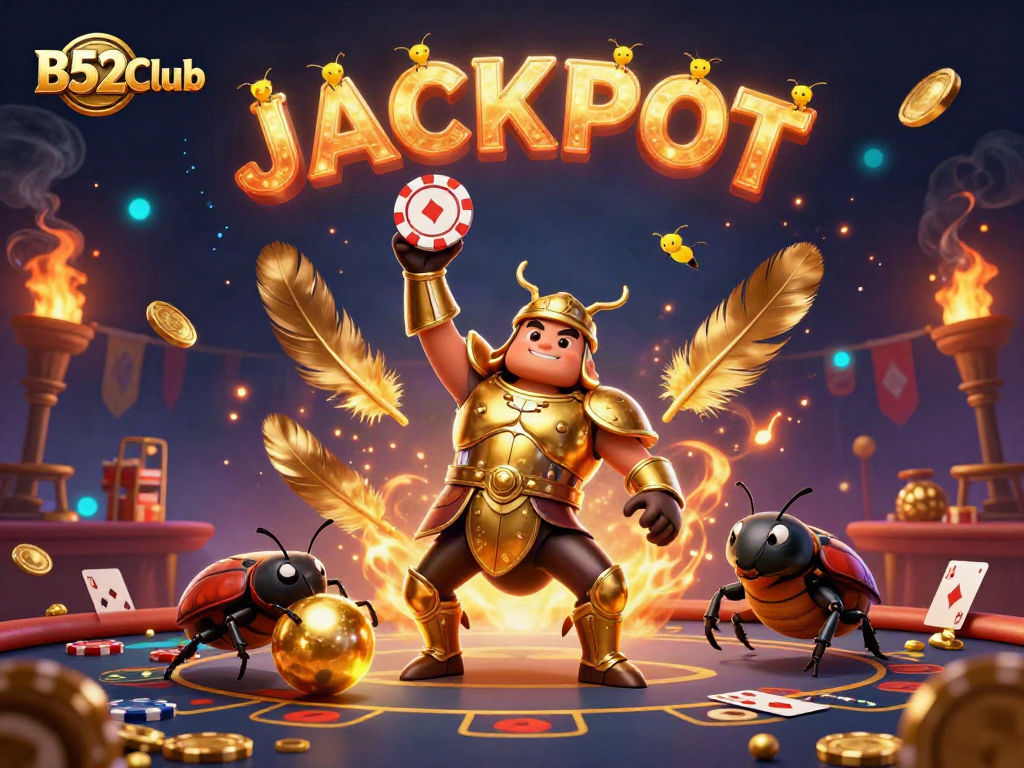 Join the excitement at B52Club with a hero beetle celebrating a poker win in a vibrant casino scene.