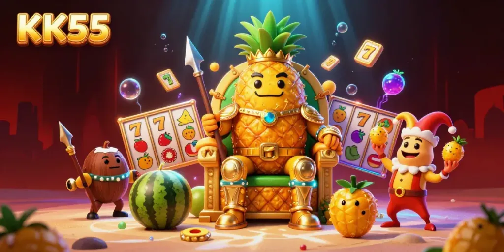 Engage in thrilling casino fun with KK55's vibrant beach-themed game illustration, highlighting excitement and action.