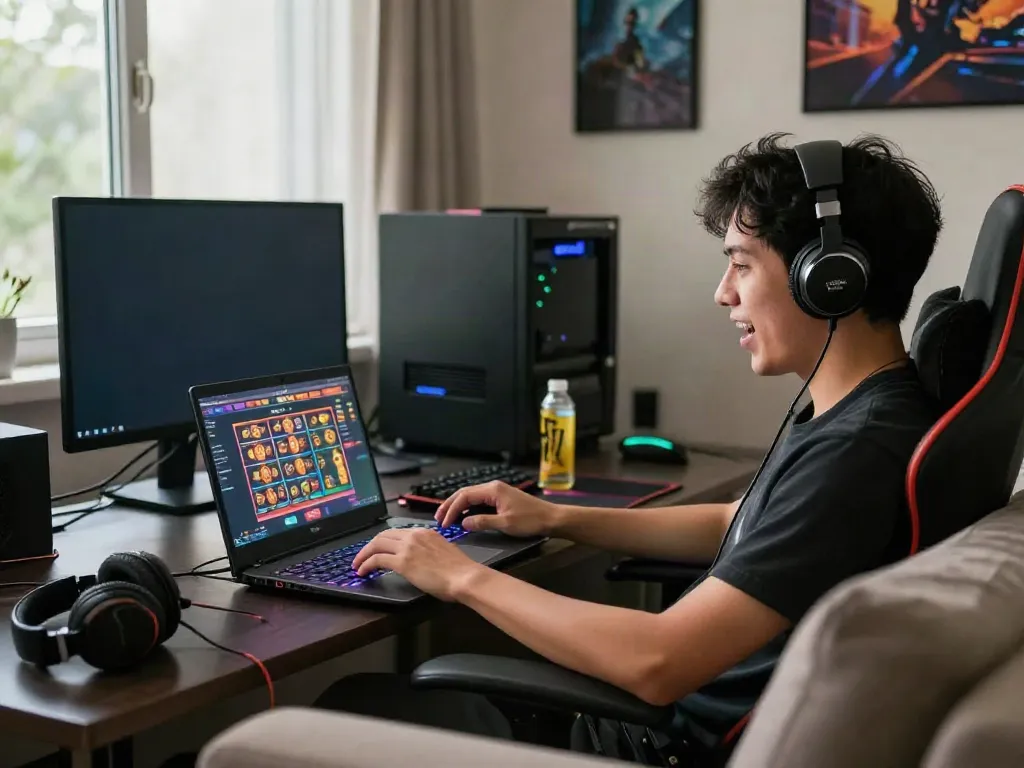 Engaging gaming scene with a player enjoying slot88 online in a cozy home setup.