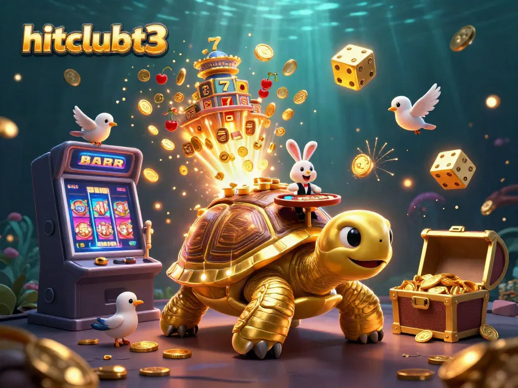 Experience a vibrant hitclubt3 scene featuring a golden tortoise casino, a rabbit dealer, and flying coins.
