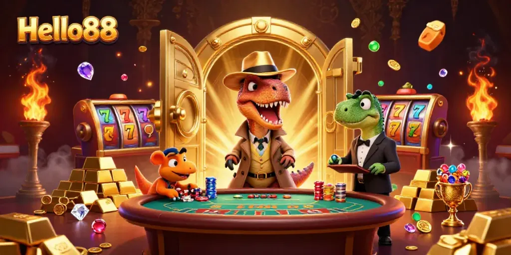 Experience thrilling blackjack action with Hello88’s playful characters in a vibrant casino scene.