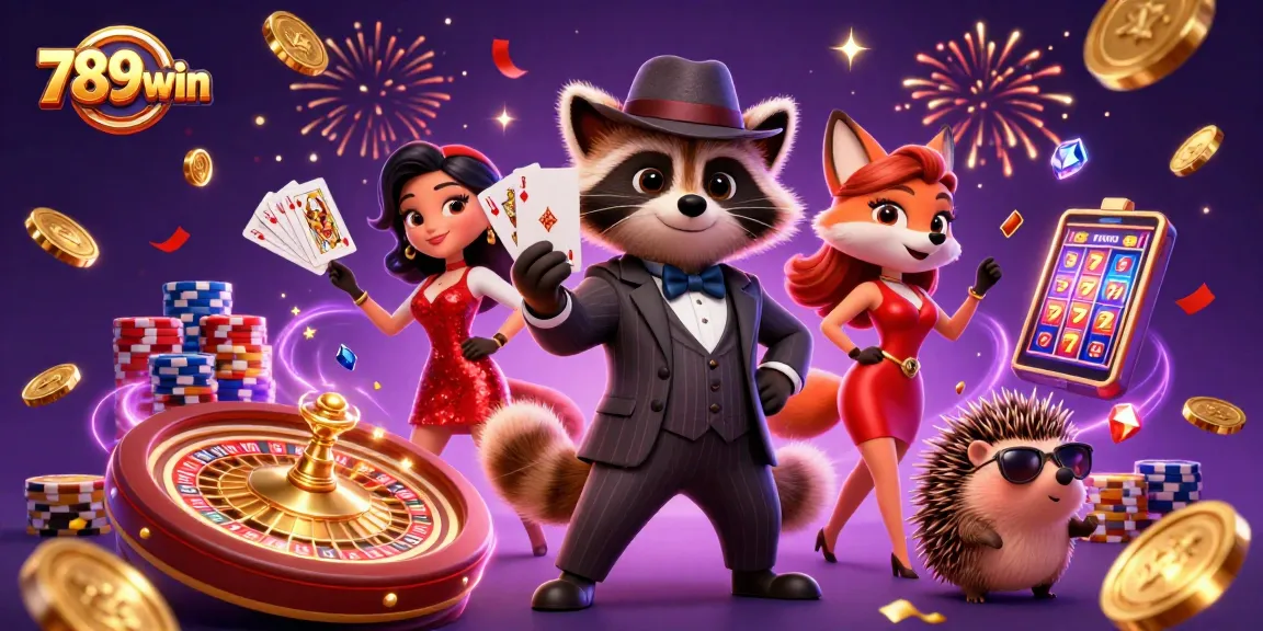 Experience the thrill of 789win with a suave raccoon and sparkling casino elements.