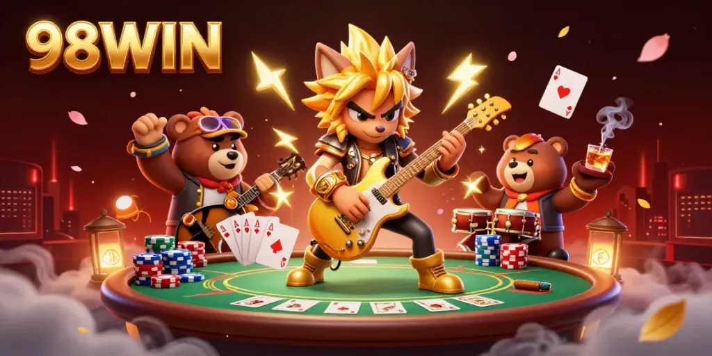 Experience the thrilling gaming atmosphere of 98WIN with dynamic characters and vibrant casino elements.