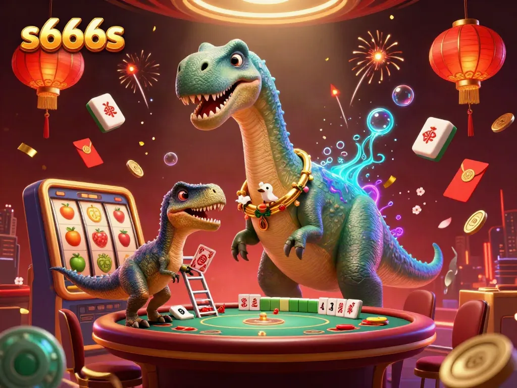 Experience thrilling gaming action with s666s where a giant brontosaurus oversees a casino scene full of excitement.