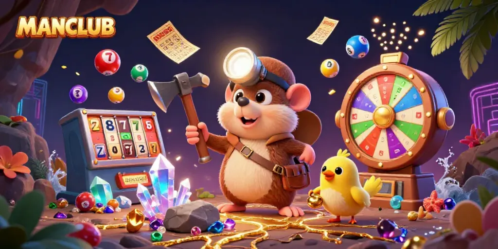 Celebrate with MANCLUB's vibrant treasure hunt during a thrilling gambling adventure, showcasing colorful elements.