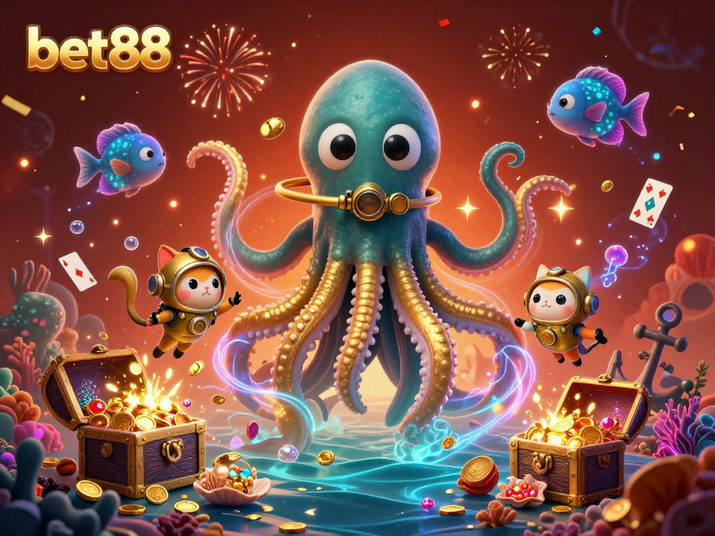 Experience thrilling wins with bet88's vibrant underwater casino scene featuring a kraken and diving cat.