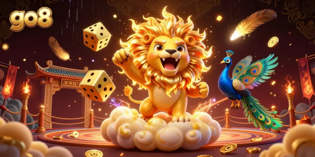 Experience exciting wins at go8 with a dynamic 3D casino adventure featuring golden dice and a roaring sun lion.