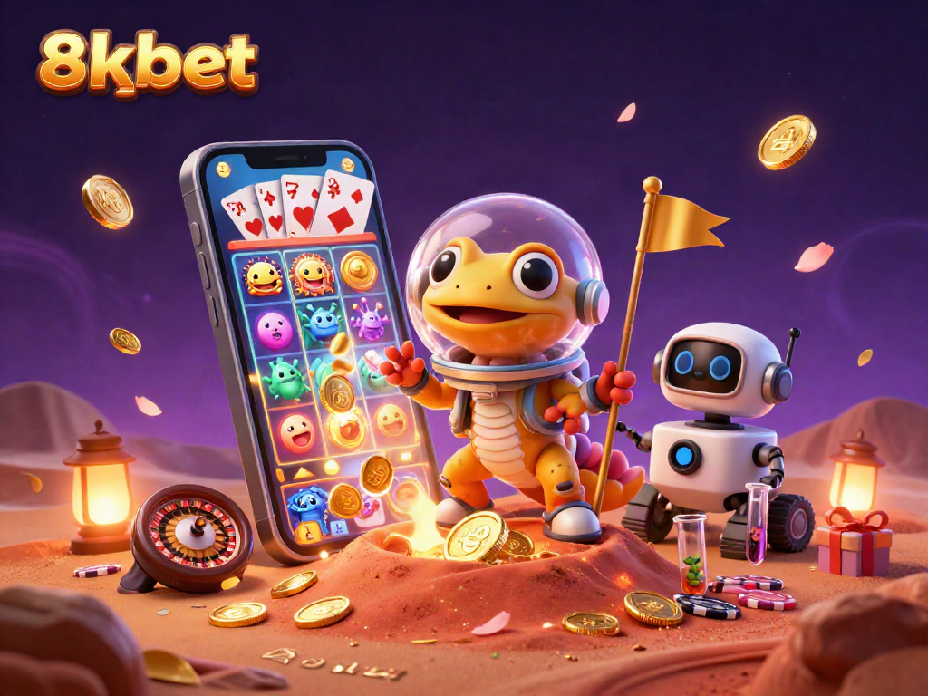 Experience the thrill of 8xbet through 3D casino fantasy featuring Martian gecko and vibrant games.