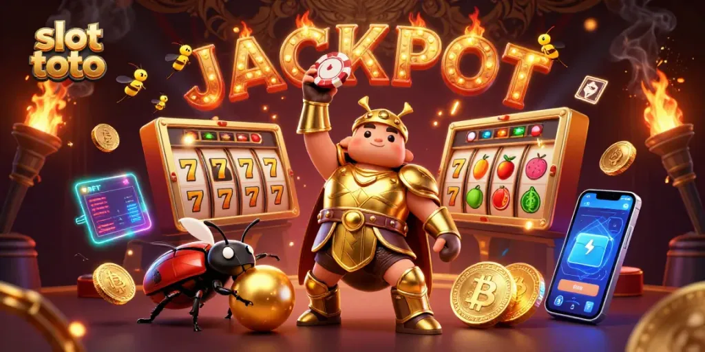 Menghentikan slot toto dengan keberuntungan, kumbang hercules merayakan kemenangan dengan chip poker dan simbol buah.