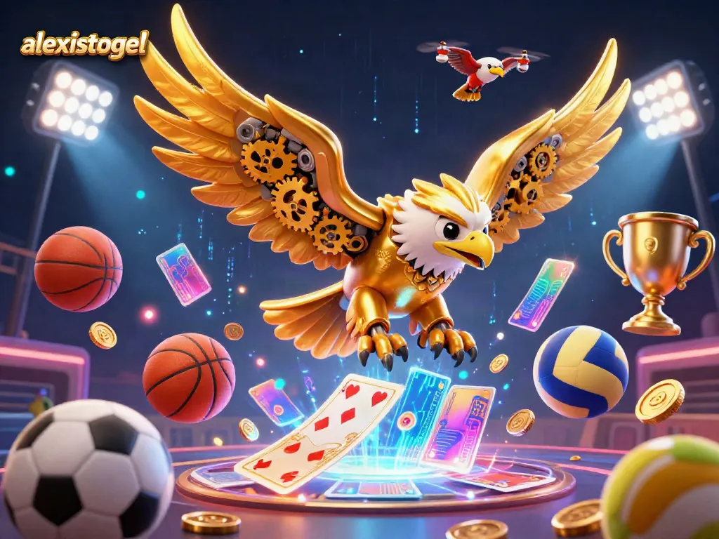 Experience the thrill of gambling with alexistogel's cybernetic golden eagle soaring through holographic cards and sports elements.