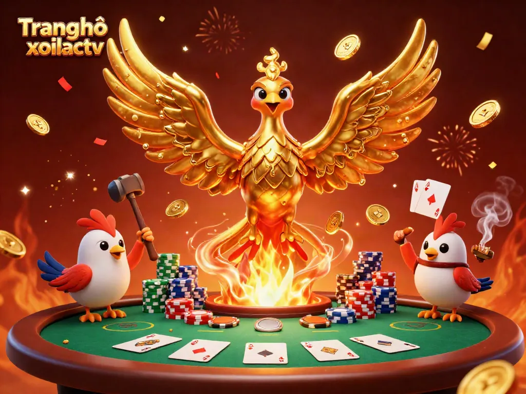 Experience a vibrant poker scene with the Trang chủ xoilactv featuring a golden phoenix and poker elements.