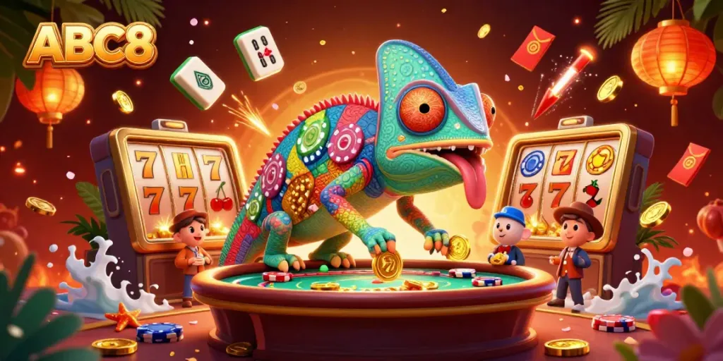 Win big at ABC8 with a vibrant casino scene featuring exciting slot reels and a chameleon casino owner.