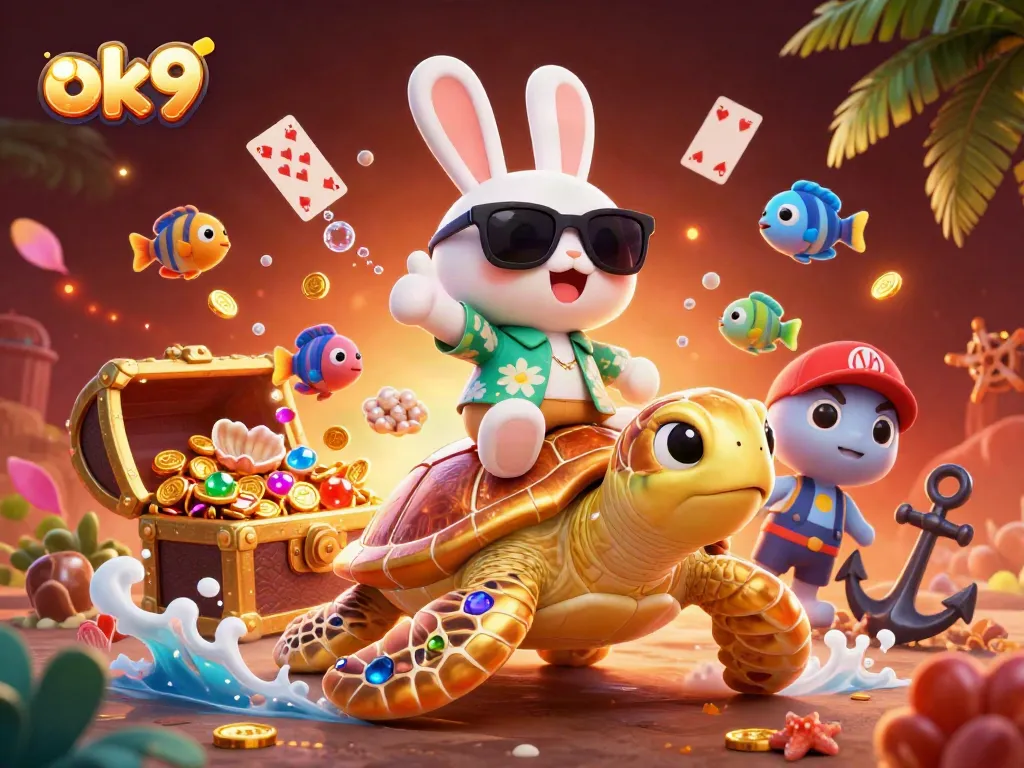 Play slots with ok9 to win big, featuring a lucky rabbit and golden turtle in a vibrant casino scene.
