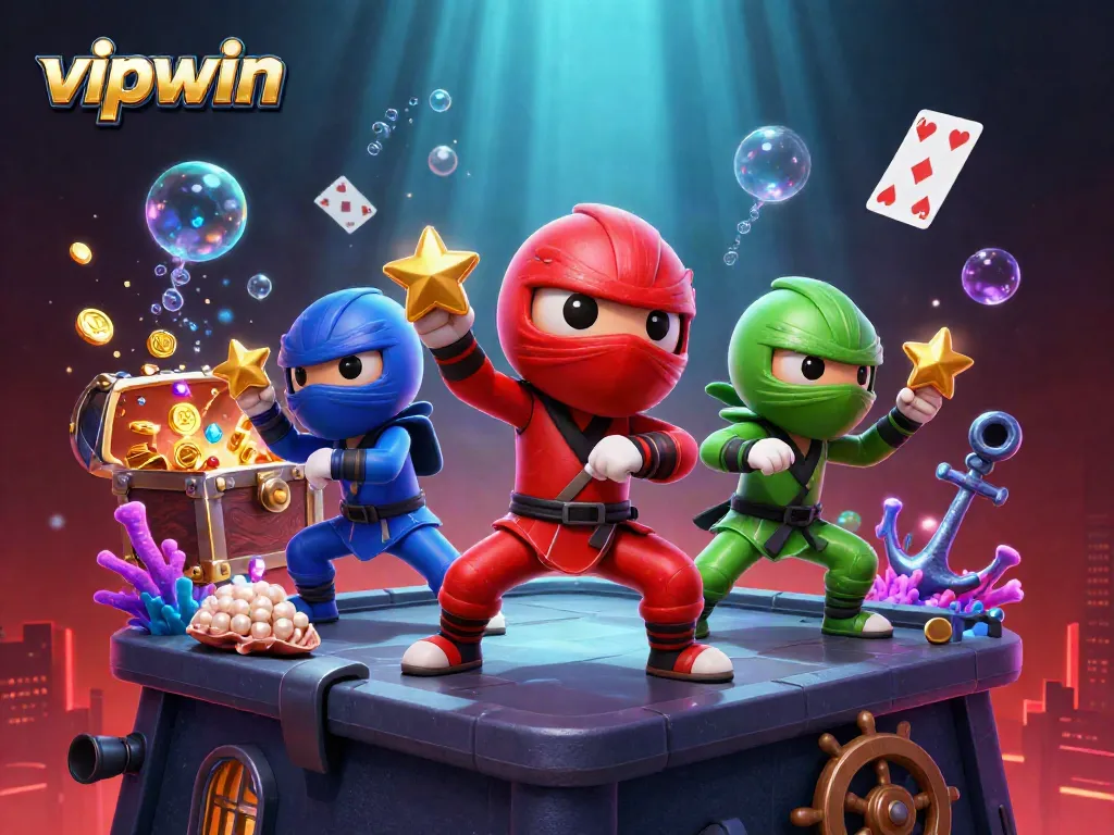 Engage with vipwin's casino adventure featuring ninja chameleons, gold treasures, and vibrant game elements.
