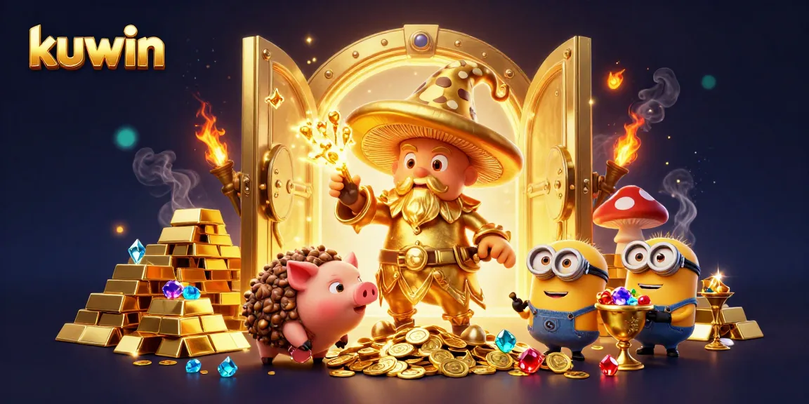 kuwin casino illustration featuring a golden wizard, treasure elements, and dynamic gaming energy