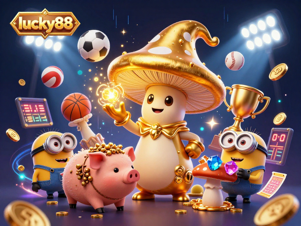 Experience lucky88 magic with a golden mushroom wizard casting spells, surrounded by dynamic sports elements.