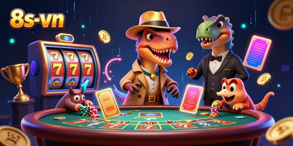 8s-vn velociraptor card counter and stegosaurus pit boss in a casino scene with dynamic slots and chips.