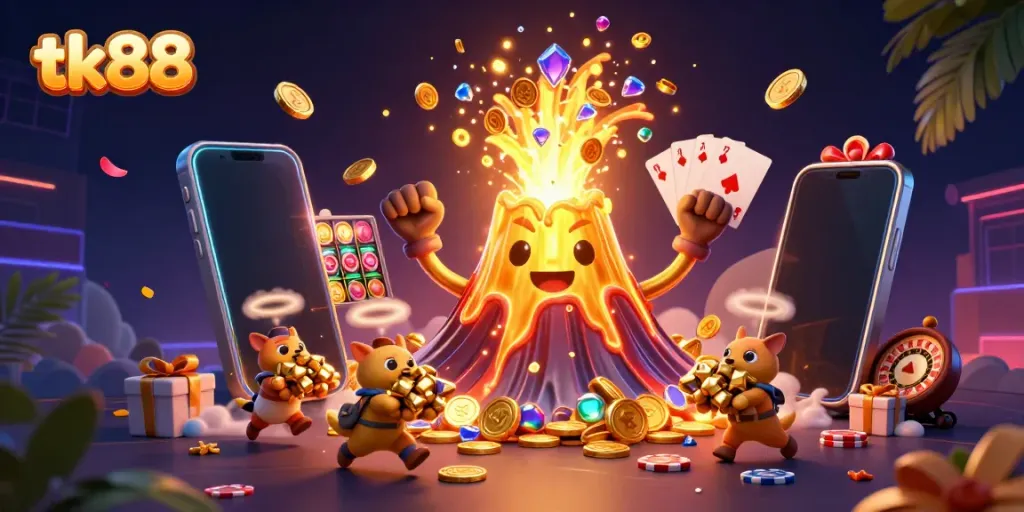 tk88 showcases a whimsical casino scene with a triumphant volcano and treasure-fleeing animals.
