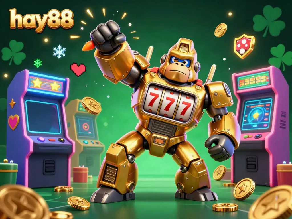 Win big with hay88 in this exciting 3D illustration of a golden gorilla mech and casino elements.