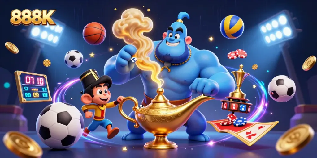 Engage with 888K's magical casino world featuring a genie, poker chips, and sports excitement.