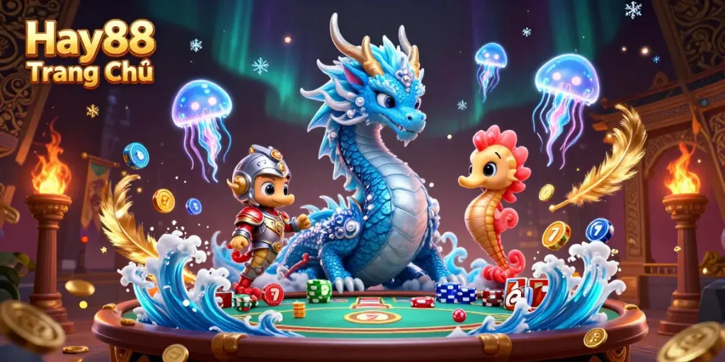 Experience thrilling gameplay with Hay88 Trang Chủ, featuring stunning 3D illustrations of a majestic water dragon and vibrant gaming elements.