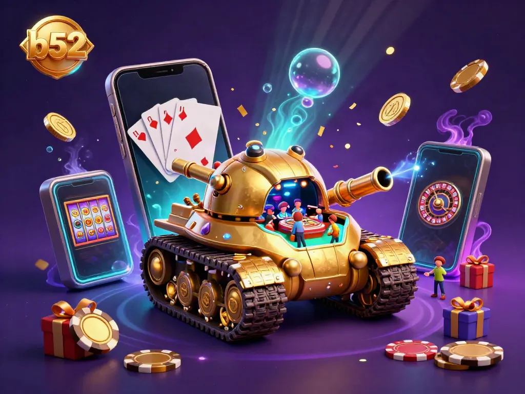 Experience the excitement of b52 in a vibrant casino scene with a golden beetle tank and slot games.